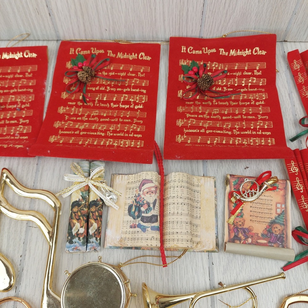 Vintage Musical Christmas Ornaments Gold Red Bows Music Symbols Instruments - Picture 3 of 6